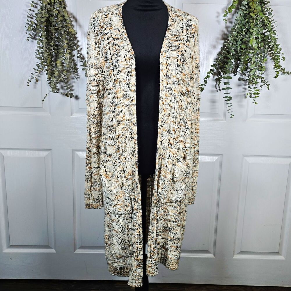 Knox Rose Women's Ivory Marled Knit Open Front Long Sleeve Cardigan Sweater XL